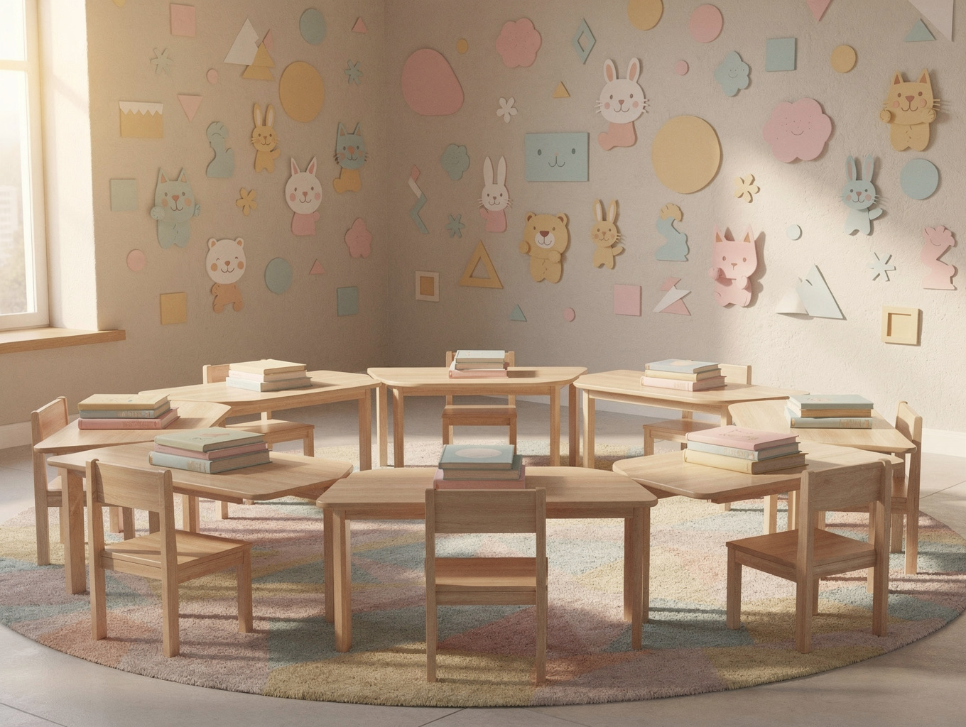 A whimsical illustration of a primary school classroom with colorful art supplies, a cozy reading nook, and a bright sun shining through the window