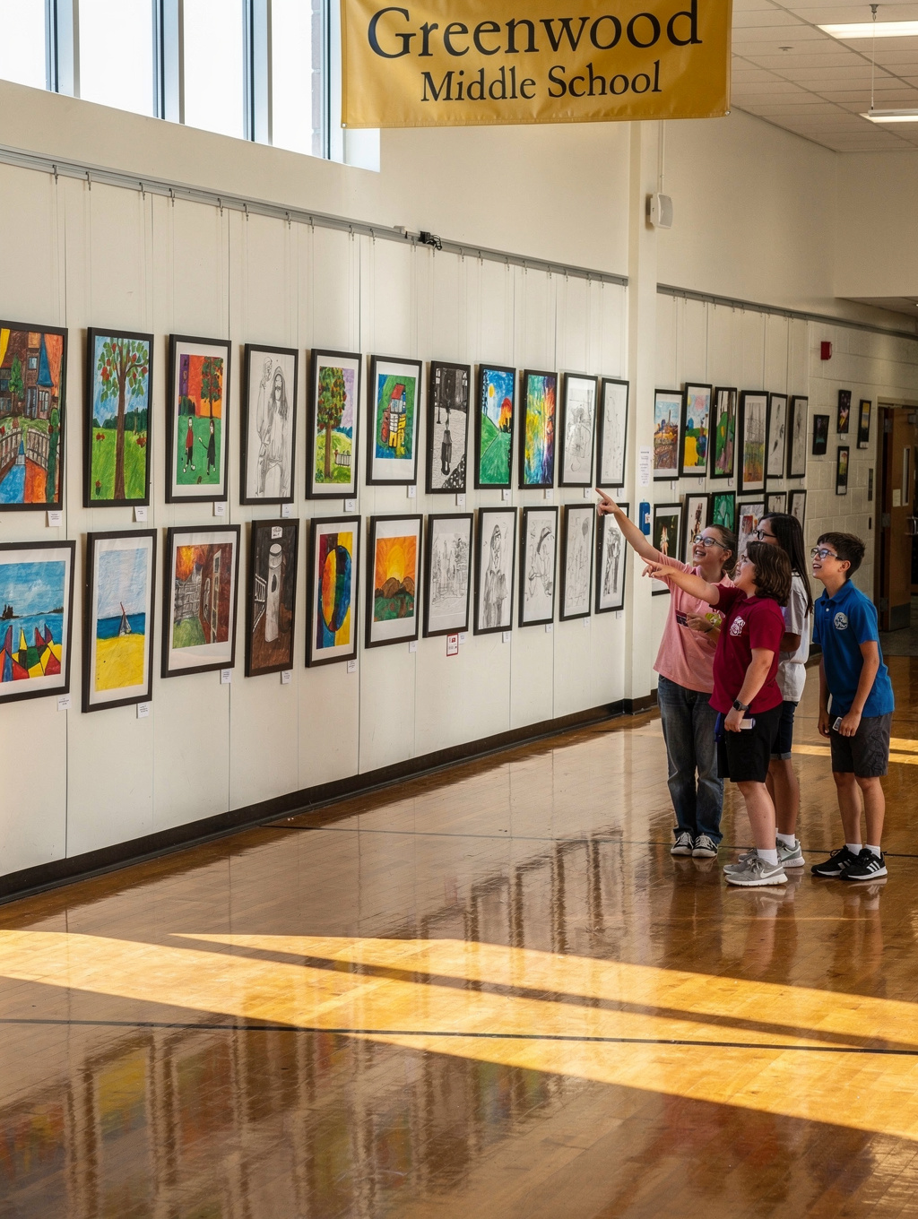 Colorful student artwork displayed on a classroom wall