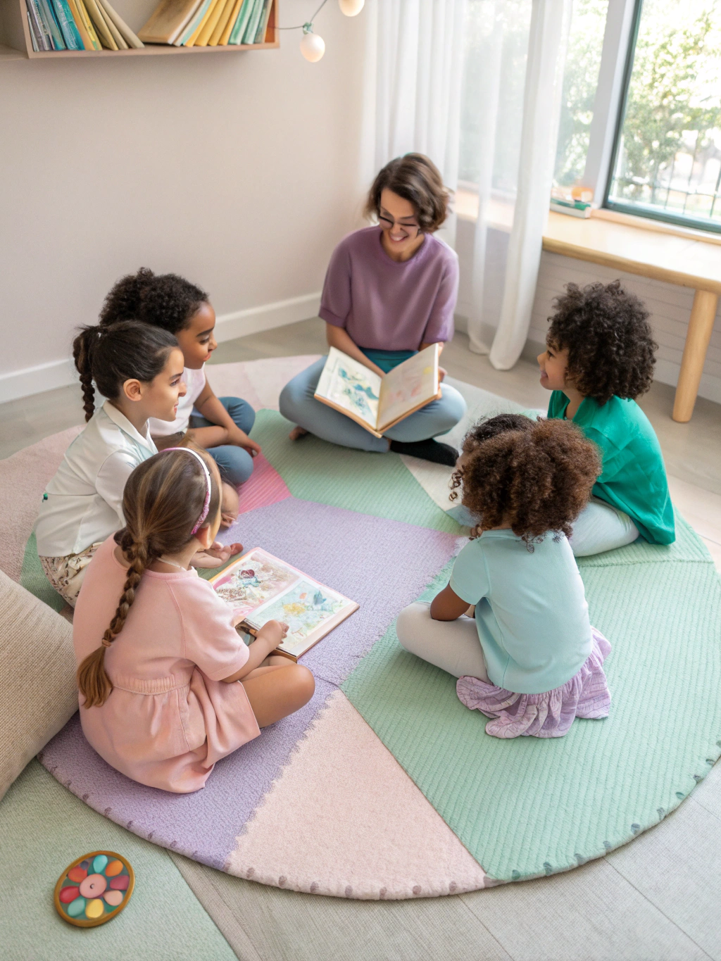 Students sitting in a circle on a colorful rug during morning meeting