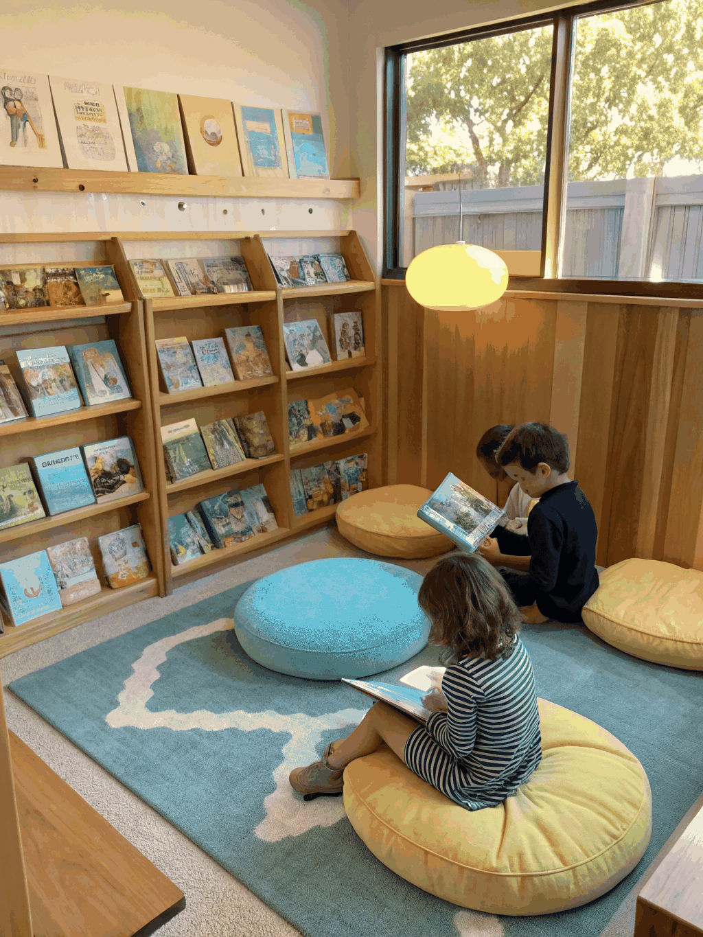 A cozy reading corner with soft cushions and bookshelves