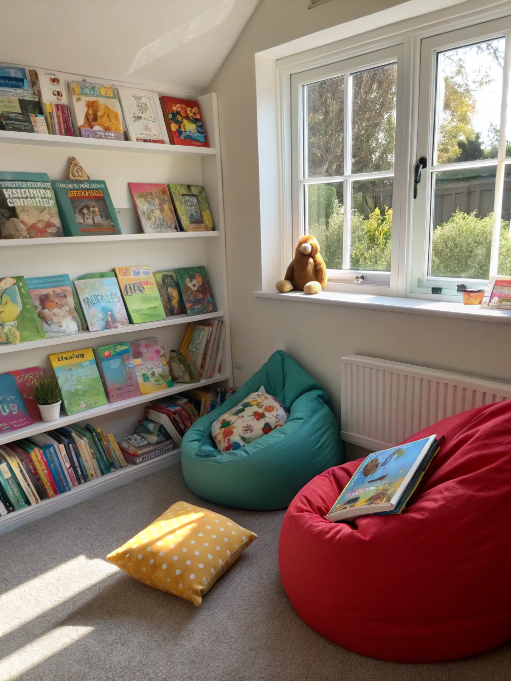 A comfortable reading corner filled with books and soft cushions