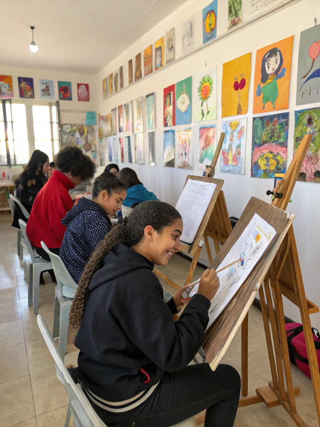 A wall covered in colorful student paintings and drawings